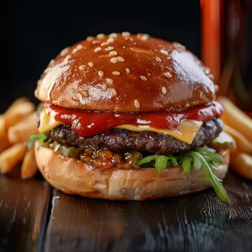 Hamburguesa con una hamburguesa de carne de res, queso y ketchup sobre la mesa con papas fritas