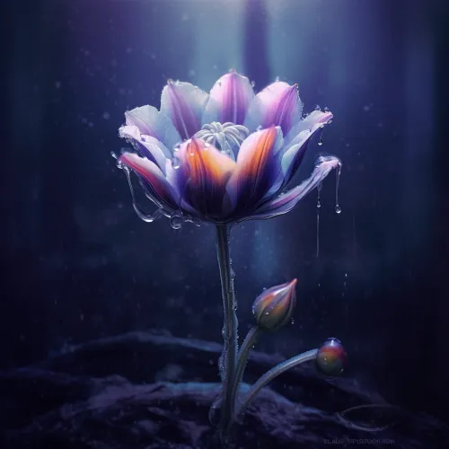 Bright flower with raindrops in a dark forest
