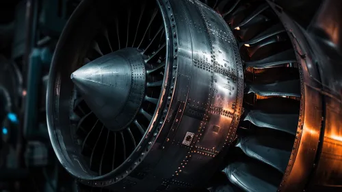 Close-up of an aviation engine with wings and a metallic texture