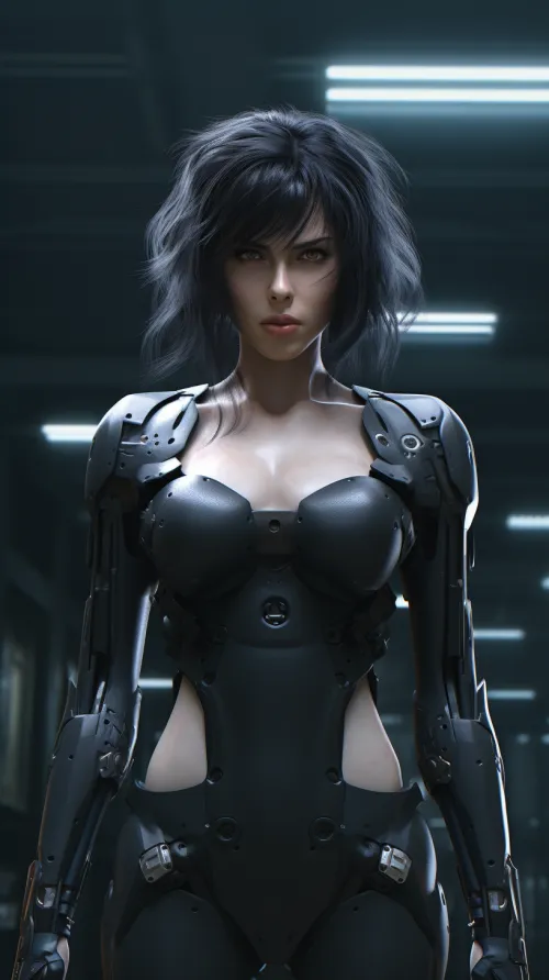 Image of a cybernetic woman in a mechanical suit in an industrial environment
