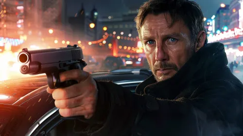 Man with a gun in hand against the backdrop of a night city