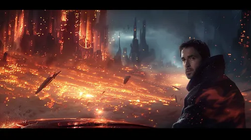 Futuristic city landscape with bright lights and a character in the foreground