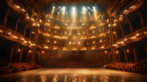 Unique interior of the theater with cozy rows of seats and bright lights
