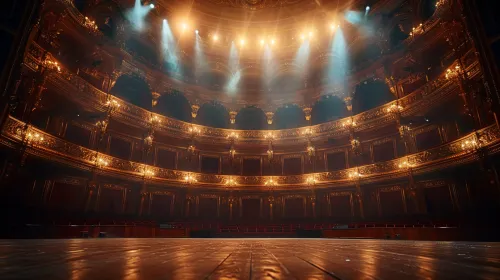 Elegant theater with golden decorations and bright lighting effects