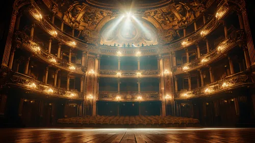 Vista interior del teatro con balcones ricamente decorados y suave iluminación