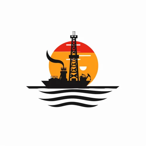Силуэт нефтяной платформы и корабля на фоне заката с волнами