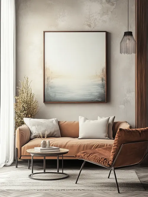 Stylish interior design with abstract painting and soft furniture