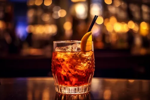 Glass of cocktail garnished with lemon on a shiny surface