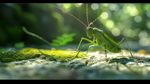Grasshopper sitting on mossy ground with a blurred background