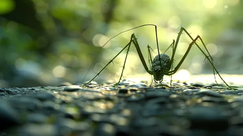 Clear detailing of a grasshopper on a rocky surface with soft light