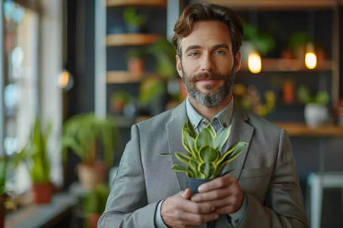 Hombre elegante en traje sosteniendo una planta en maceta en un entorno con plantas
