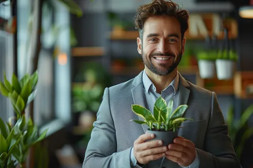 A man in a suit holding a succulent plant in a pot against a backdrop of greenery