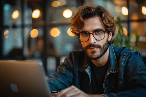 A man with long hair and glasses working on a laptop in a cozy cafe