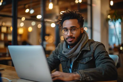 Bonita atmósfera de café con un joven trabajando en una laptop