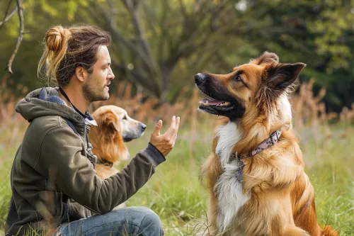 Hombre conversando con su perro frente a la vegetación del parque natural
