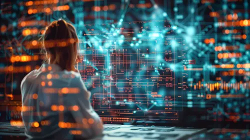 Woman at computer with digital schemes and data