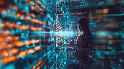 Technology professional analyzes data on a digital screen