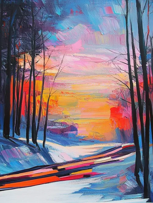 Beautiful winter landscape with a vibrant sunset and snowy slope