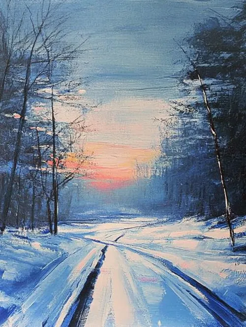 Winter landscape with a snowy road disappearing into the distance and a sunset on the horizon