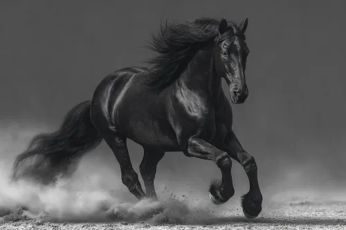 Dynamic image of a black horse jumping with rising sand