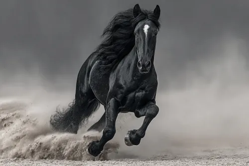 Powerful black horse galloping across a sandy terrain
