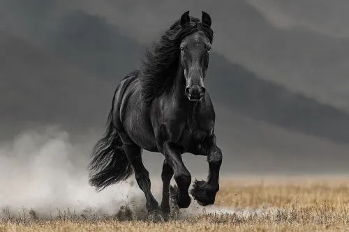 Powerful black horse running through a field with smoke around