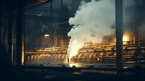 Steam rising from a chimney in a dim factory environment