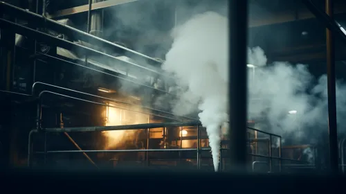 Interior view of an industrial installation with smoke and light