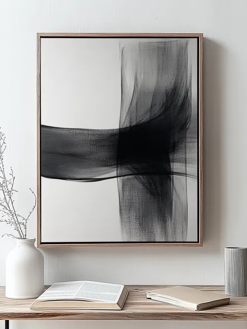 Modern Abstract Painting in Black and White Tones on the Wall