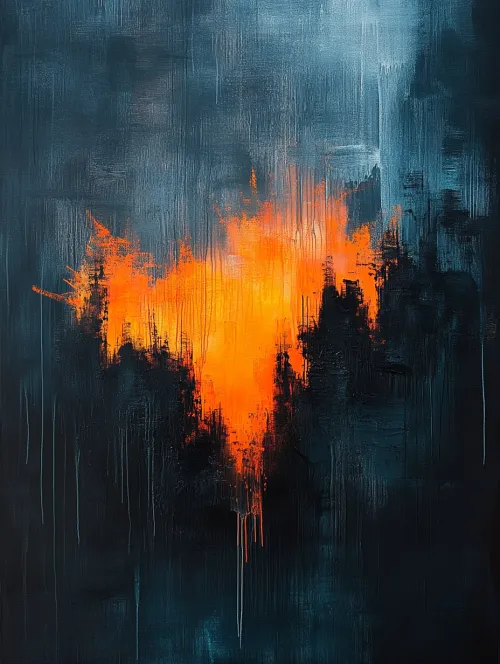 Obra abstracta pictórica con un brillante color naranja sobre un fondo oscuro