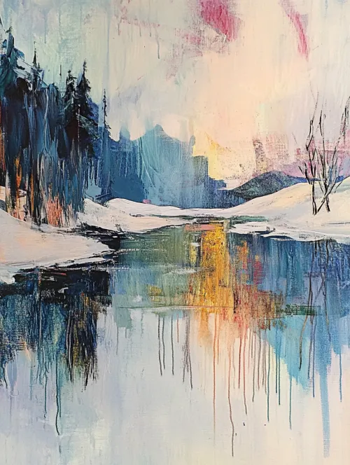 Snowy winter landscape with a bright reflection in the river