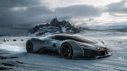 Фuturistic car parked on a snowy terrain with mountains in the background