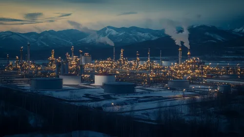 View of an industrial complex in the mountains with operating lights