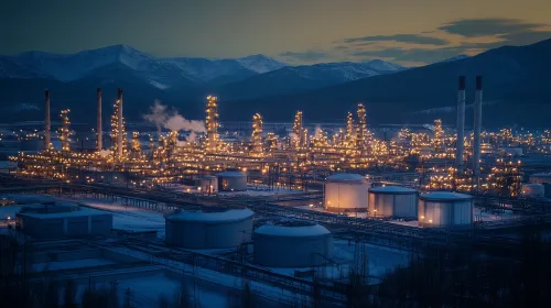 Tables and Pipelines of a Petrochemical Plant under the Night Sky