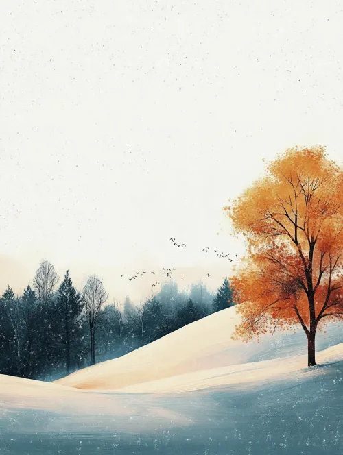 Landscape with snowy hills and bright trees against the backdrop of a forest