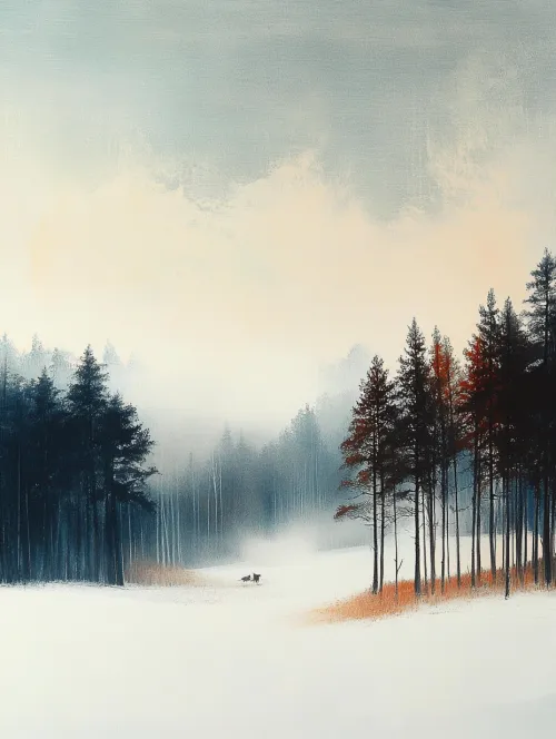 Calm winter forest with fog and dogs in the background