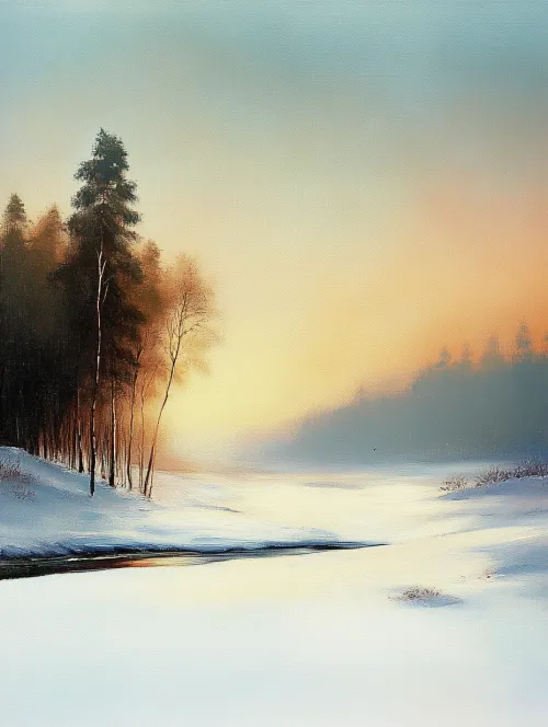 Winter landscape where a river crosses a snowy terrain and forest