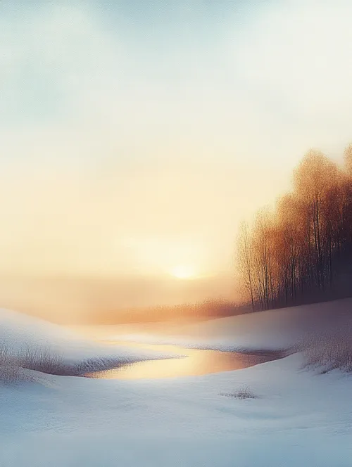 Quiet winter landscape, reflection of the sun on the water's surface
