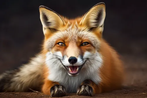 Photo of a fox with an expressive face and a smiling expression