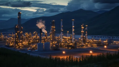 Industrial plant with smoke and lights against a mountain horizon