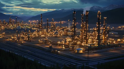 Industrial oil refinery with lights against a mountain landscape