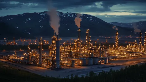 Plant with pipes and lights against a mountainous landscape