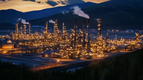 Illuminated industrial installations against a mountainous landscape
