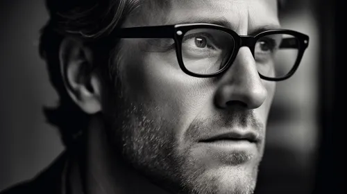 Black and white portrait of a man in glasses with an expressive gaze