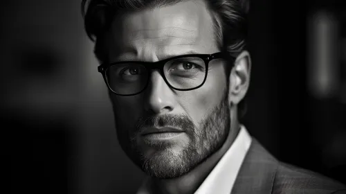 Estiloso retrato de un hombre con barba y gafas sobre fondo oscuro
