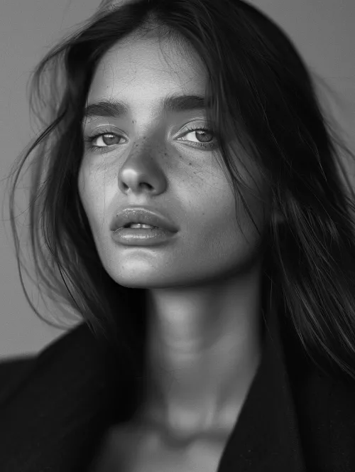 Black and white portrait of a young woman with expressive facial features and long hair