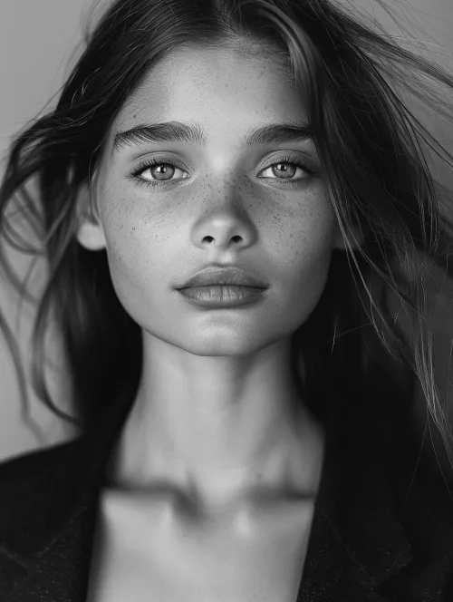Retrato en blanco y negro de una joven con pecas y cabello largo