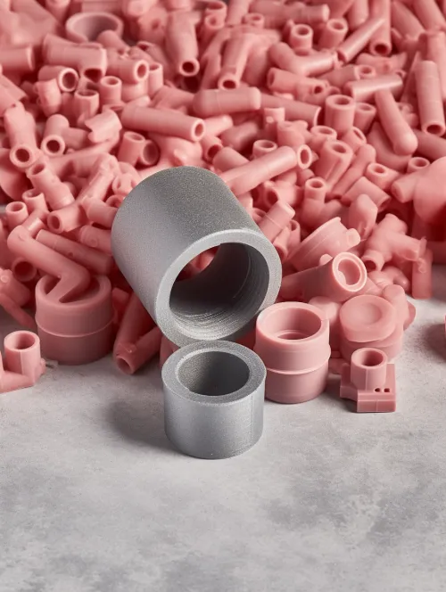 Image of gray and pink parts lying on a table
