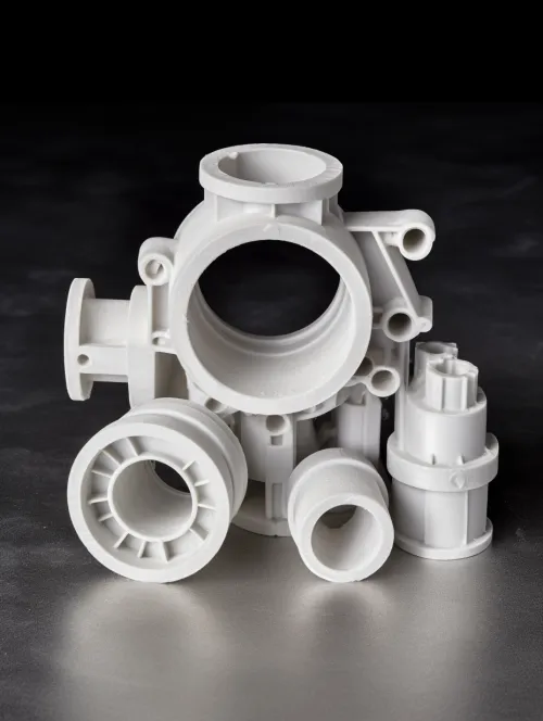 Several plastic parts printed on a 3D printer in various shapes