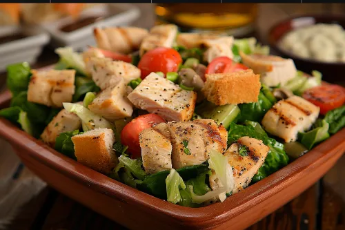 Ensalada con trozos de pechuga de pollo, tomates y lechuga iceberg